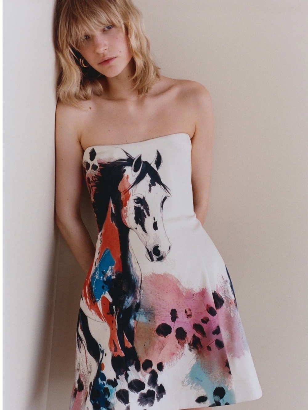 NWT Anthropologie Strapless White Dress with Colorful Horse Art